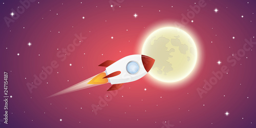 rocket is flying to the full moon in pink starry space vector illustration EPS10