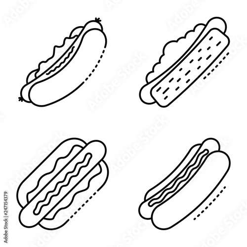 Hot dog icons set. Outline set of hot dog vector icons for web design isolated on white background