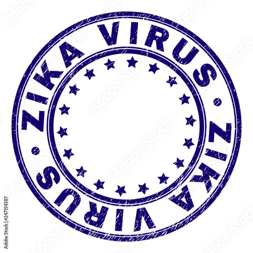 ZIKA VIRUS stamp seal watermark with distress texture. Designed with round shapes and stars. Blue vector rubber print of ZIKA VIRUS title with grunge texture.