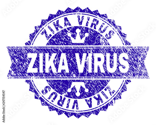 ZIKA VIRUS rosette seal watermark with grunge texture. Designed with round rosette, ribbon and small crowns. Blue vector rubber watermark of ZIKA VIRUS caption with dirty texture.