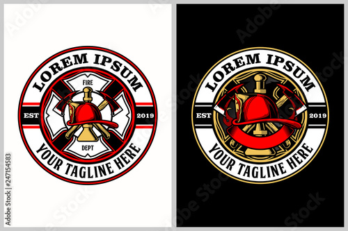 axe with  horn and helmet Fire Fighter vector badge logo template