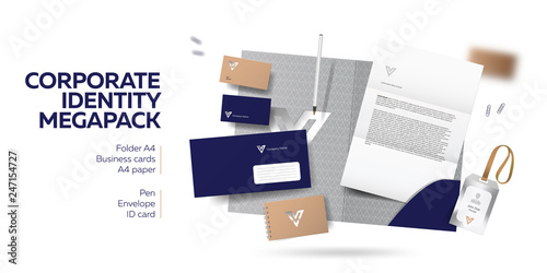 Corporate branding identity design. Stationery mockup vector megapack set. Template for industrial or technic company. Folder and A4 letter, visiting card and envelope. Colorful creative logo design.