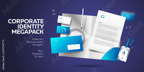 Corporate branding identity design. Stationery mockup vector megapack set. Template for industrial or technic company. Folder and A4 letter, visiting card and envelope. Colorful creative logo design.
