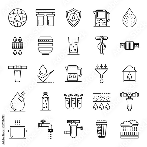 Filter water icons set. Outline set of filter water vector icons for web design isolated on white background