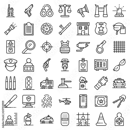 Police equipment icons set. Outline set of police equipment vector icons for web design isolated on white background