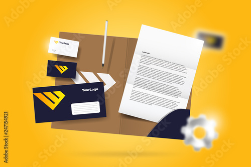 Corporate branding identity design. Stationery mockup vector megapack set. Template for industrial and technic company. Folder and A4 letter, visiting card and envelope. Modern colorful orange logo.