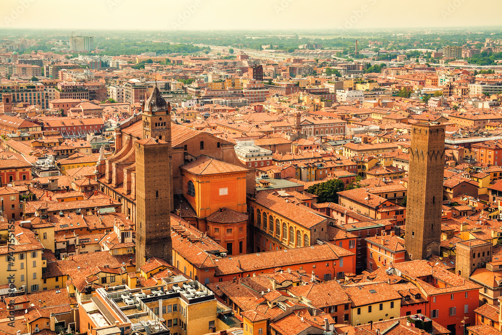 Aerial cityscape view to Bologna cathedral and historical center of the city with Altabella Tower, Bologna, Italy.