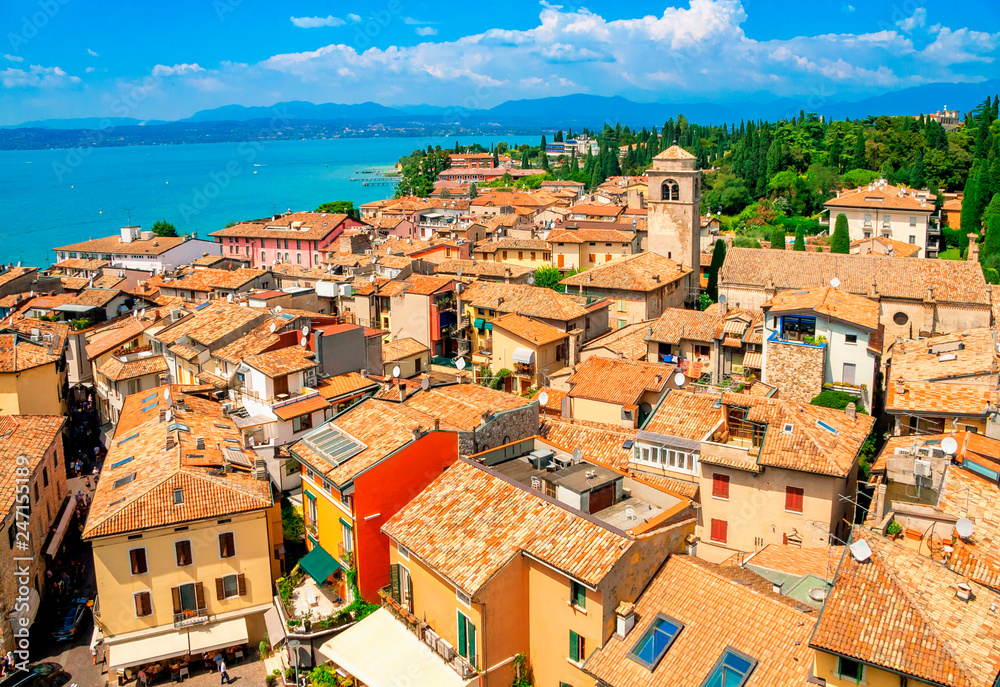 Italian town of Sirmione and Lake Garda from the tower Scaliger, Lombardy region.