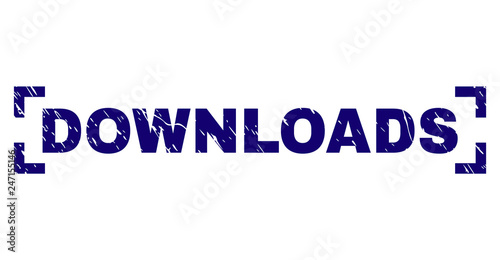 DOWNLOADS text seal print with grunge texture. Text caption is placed between corners. Blue vector rubber print of DOWNLOADS with dust texture.