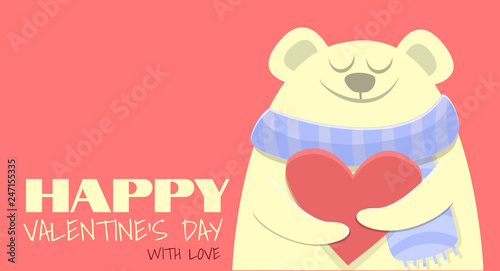 Happy Valentine's day. Cute bear with heart on sweet pink background. Lettering with love