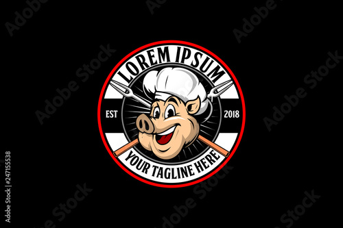 cute and friendly Pig Chef head logo for BBQ company