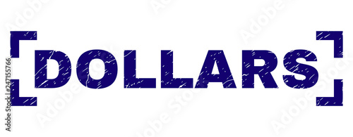DOLLARS title seal print with corroded texture. Text title is placed inside corners. Blue vector rubber print of DOLLARS with unclean texture.