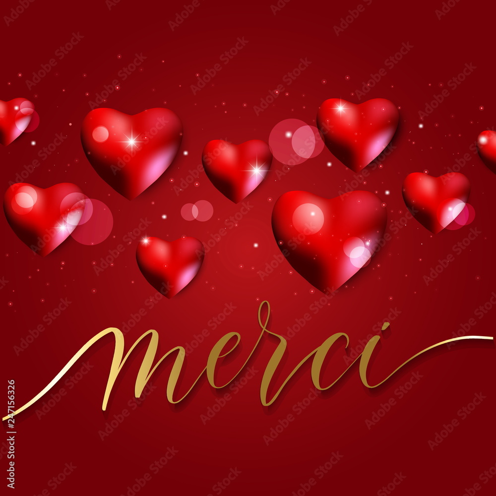Valentines Day background with red  hearts and calligraphy tex Mercit. Holiday card illustration on red background.