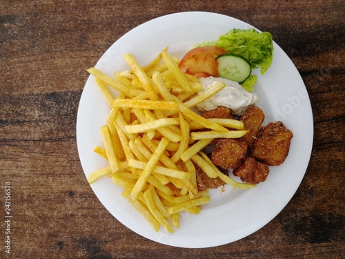 Fish and chips at restaurant, top view