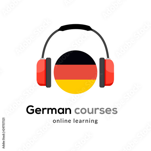 German language learning logo icon with headphones. Creative german class fluent concept speak test and grammar