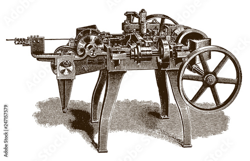 Historical automatic wire-forming machine, after engraving or etching from 19th century