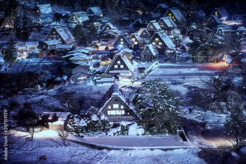 The landscape of Japan. Shirakawago twightlight. Historic Village of Shirakawago in winter, Japan. photo