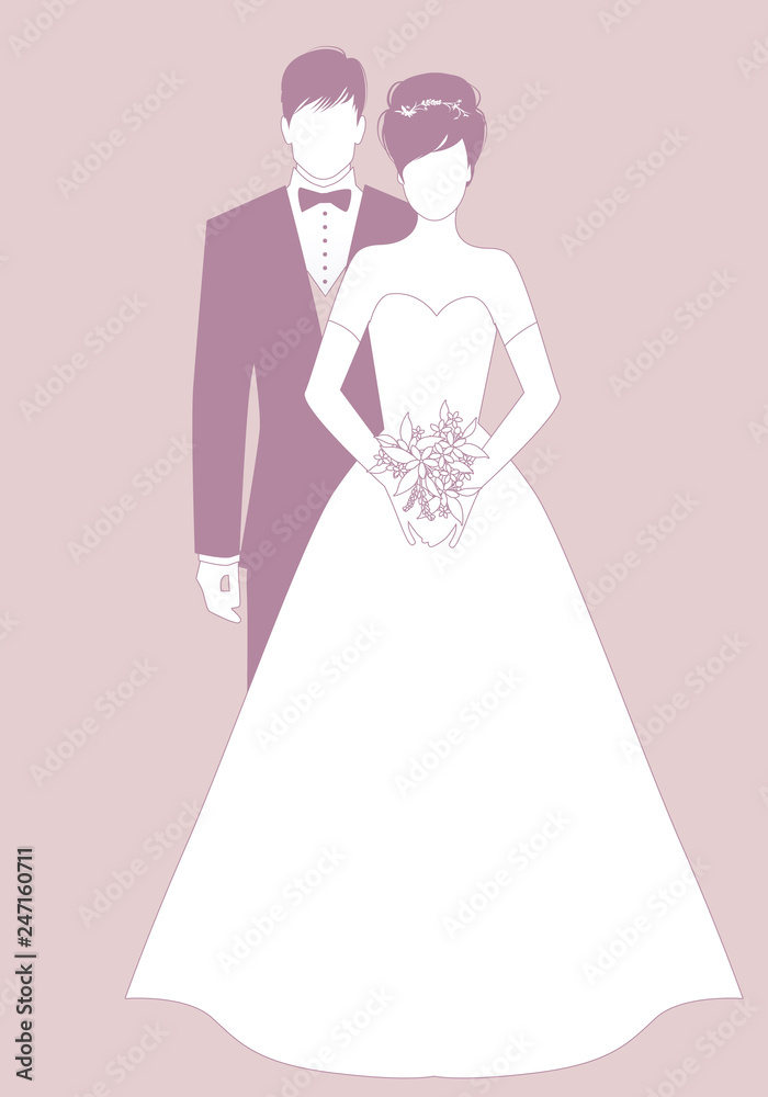 Silhouettes of newlyweds couple wearing wedding clothes. Classic Style. Elegant groom and beautiful bride holding bridal bouquet. Silhouettes of newlyweds couple wearing wedding clothes. Classic Style. Elegant groom and beautiful bride holding bridal bouquet.