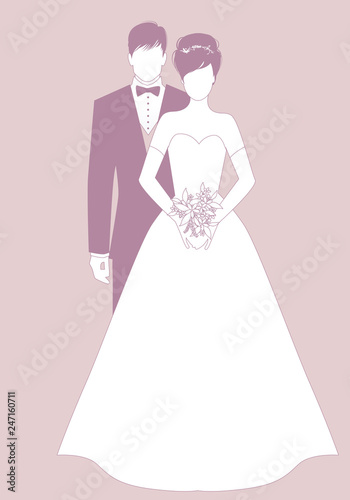 Silhouettes of newlyweds couple wearing wedding clothes. Classic Style. Elegant groom and beautiful bride holding bridal bouquet.