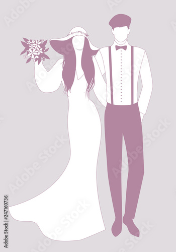 Silhouettes of newlyweds couple wearing wedding clothes. Wide-brimmed hat for her and beret, suspenders and bow tie for him.