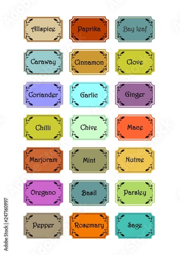 Set of spice labels in retro style, different colors, spice titles in frame with small plant motif, vector template