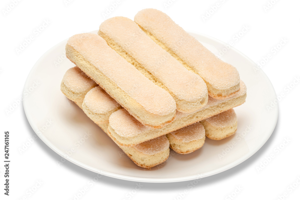 Traditional Italian Savoiardi ladyfingers Biscuits on White Background Traditional Italian Savoiardi ladyfingers Biscuits on White Background