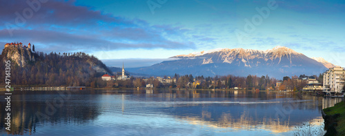 Panoramic view over the lake and town of Bled