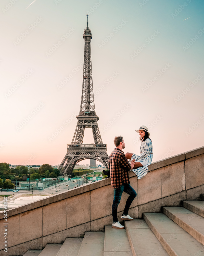 couple men and woman watching sunrise by eiffel tower paris, Eiffel tower  Paris, Asian woman and European men on citytrip in Paris France by Eiffel  tower Stock Photo | Adobe Stock