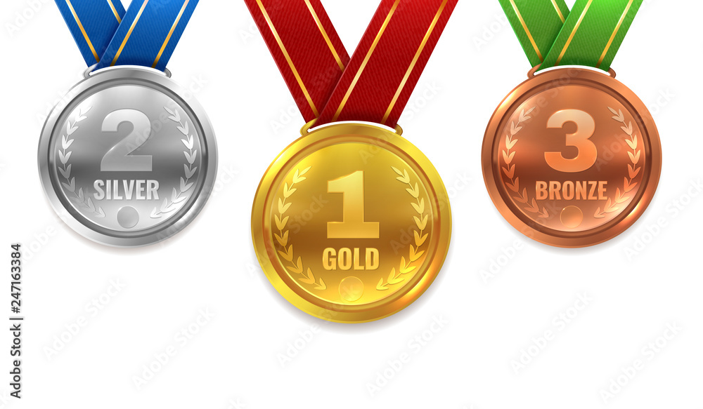 Gold silver bronze medals. Winner shiny circle medal honor champion award  ceremony trophy place sport ribbon best prize Stock Vector | Adobe Stock