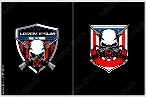 skull gas mask with cross rifle and american flag vector badge crest logo template