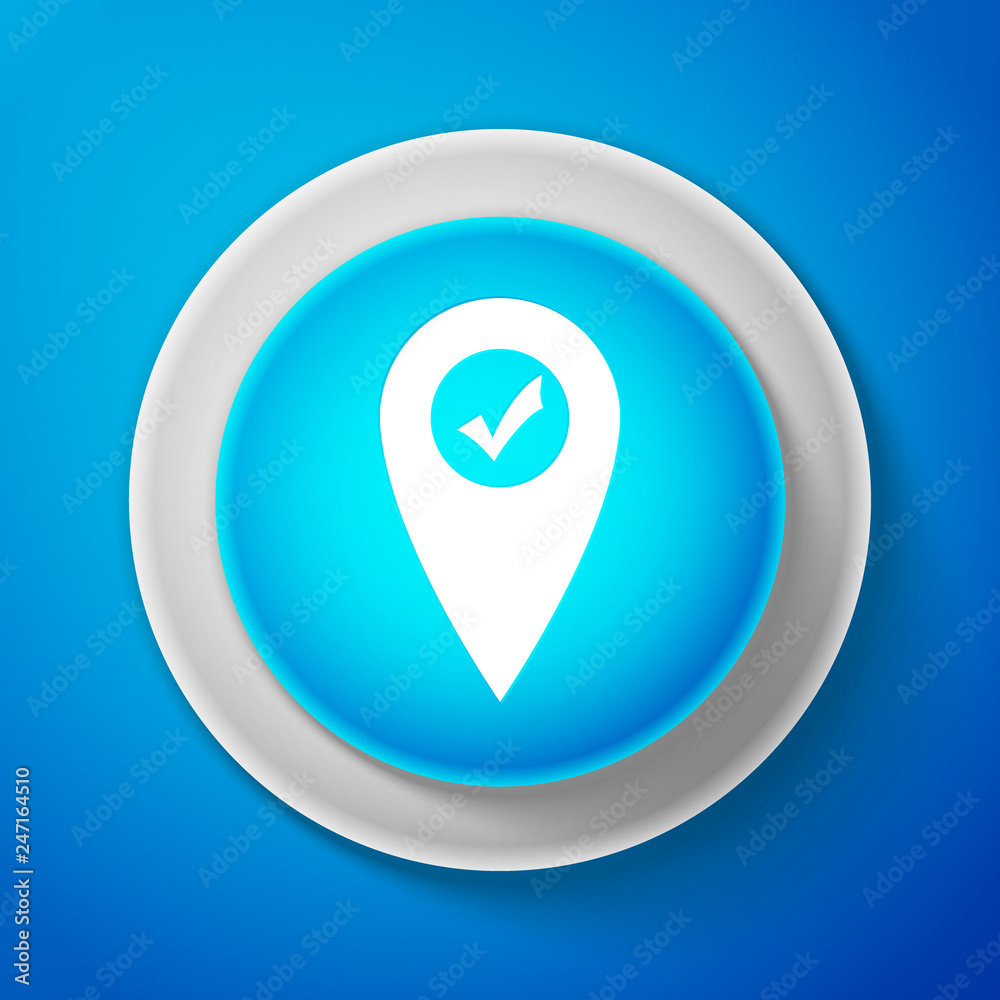 Map pointer with check mark icon isolated on blue background. Marker location sign. Tick symbol. For location maps. Sign for navigation. Circle blue button. Vector illustration Map pointer with check mark icon isolated on blue background. Marker location sign. Tick symbol. For location maps. Sign for navigation. Circle blue button. Vector illustration