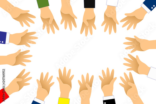 Hand up around group for vote or volunteer on blue background.