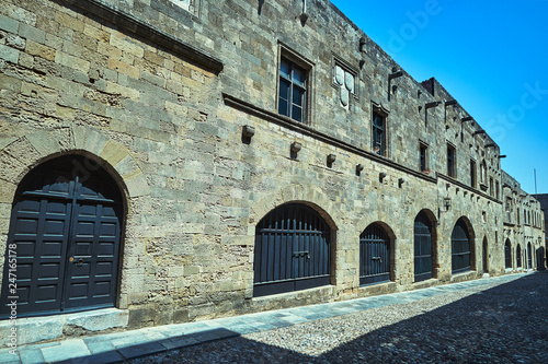 Historic, medieval buildings on Ippoton Street in the city of Rhodes in Greece.