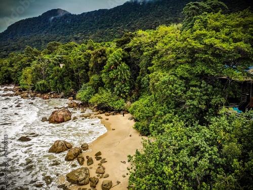 an aerial view of a beautiful beach in Permai Rainforest, Kuching, Sarawak, Malaysia