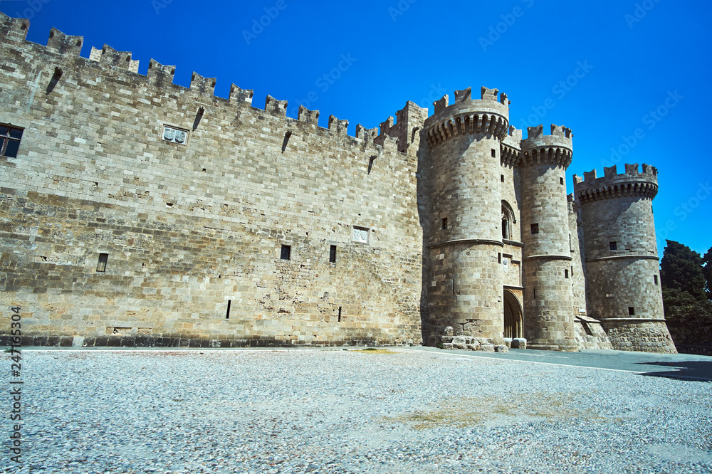 Towers and battlements of the Order of the Knights Castle in Rhodes, Greece..