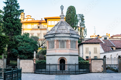 Battistero with Virtues statues at Piazza Padre Reginaldo Giuliani in Old Town Cathedral Baptistery, Citta Alta, Bergamo, Italy.
