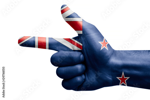 hand symbol with a sign of a gun, painted with the flag of new zealand