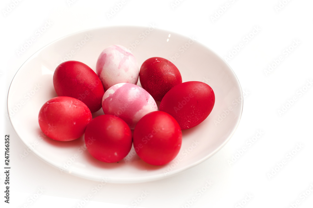 happy easter colored eggs with food dyes in the color of spring 2019 pink peacock and jester red happy easter colored eggs with food dyes in the color of spring 2019 pink peacock and jester red