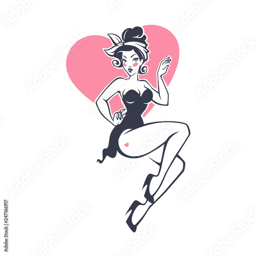 sexy pinup girl onheart shape background for youe logo, label, print, emblem