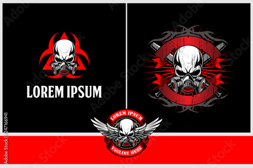skull with gas mask biohazard and wing vector logo template