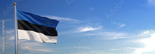 Flag of Estonia rise waving to the wind with sky in the background photo