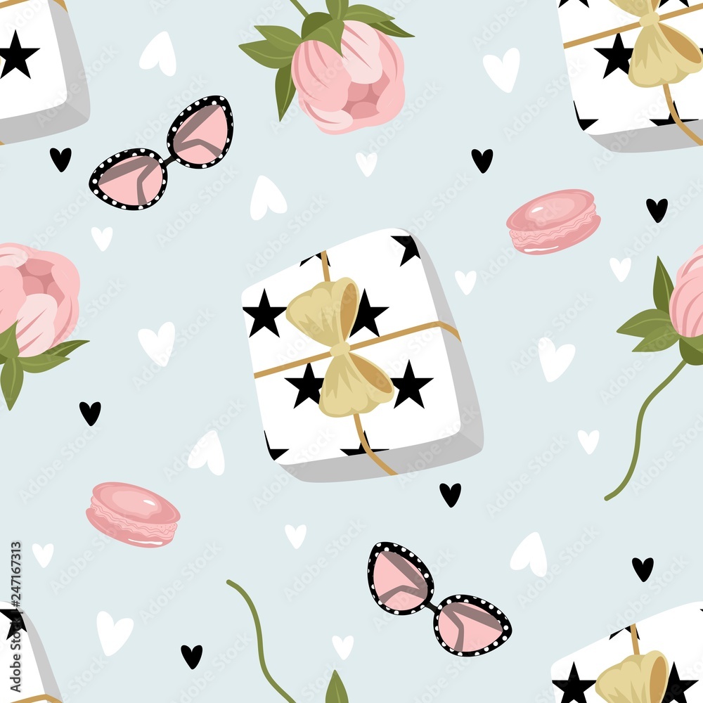 International women's day vector seamless pattern with romantic elements. Vector illustration.