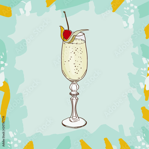 French 75 classic cocktail illustration. Alcoholic bar drink hand drawn vector. Pop art