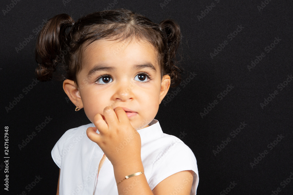 cute child girl face portrait with hand on mouth cute child girl face portrait with hand on mouth