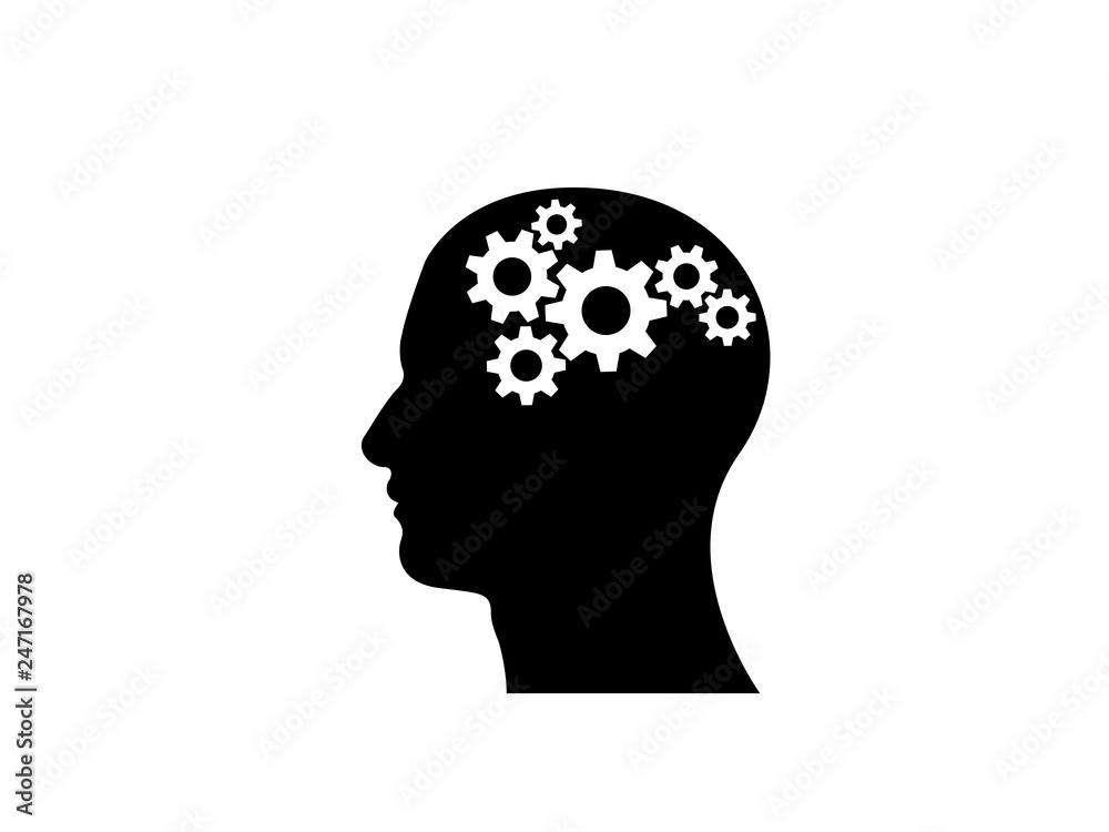 Side view silhouette of a human head with gears inside illustrating thinking in vector format Side view silhouette of a human head with gears inside illustrating thinking in vector format