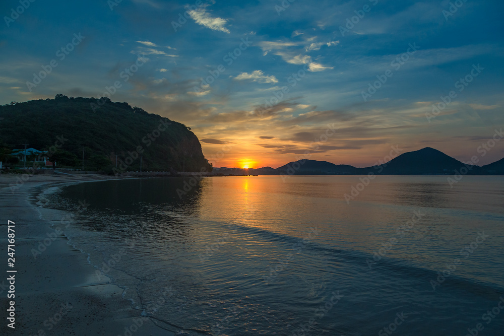 Sunrise on the tropical beach in Thailand coast