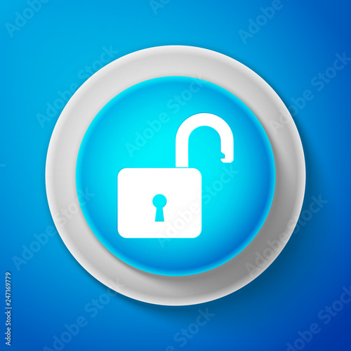 Open padlock icon isolated on blue background. Lock symbol. Circle blue button. Vector illustration