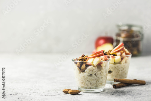 Apple cinnamon overnight oats. Selective focus, space for text. photo