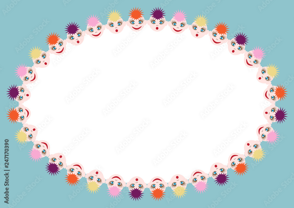 Decorative frame of women's faces with fashionable hairstyles. It is possible to apply your text. Vector illustration