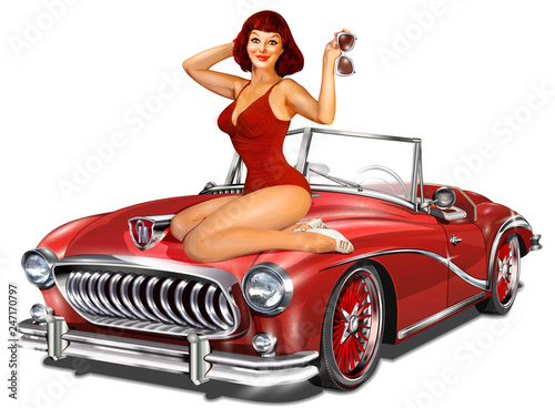 Pin-up girl and retro car isolated on white background 